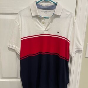 Tommy Hilfiger Regular Fit Colorblock Polo in white, red, and navy blue
